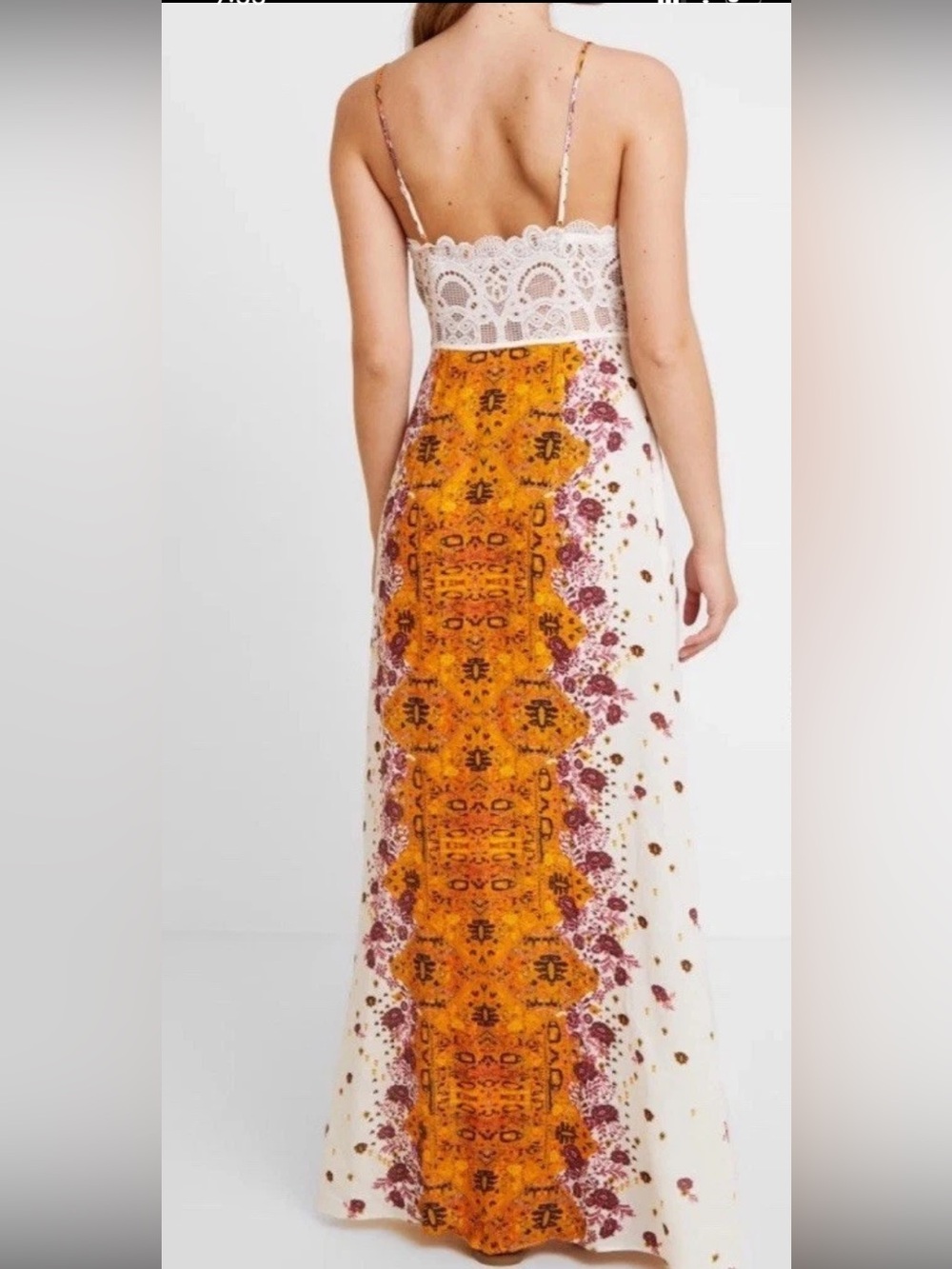 Free People Morning Song Cream Maxi Dress Sz M Orange & Pink Floral Center Panel - Picture 2 of 13